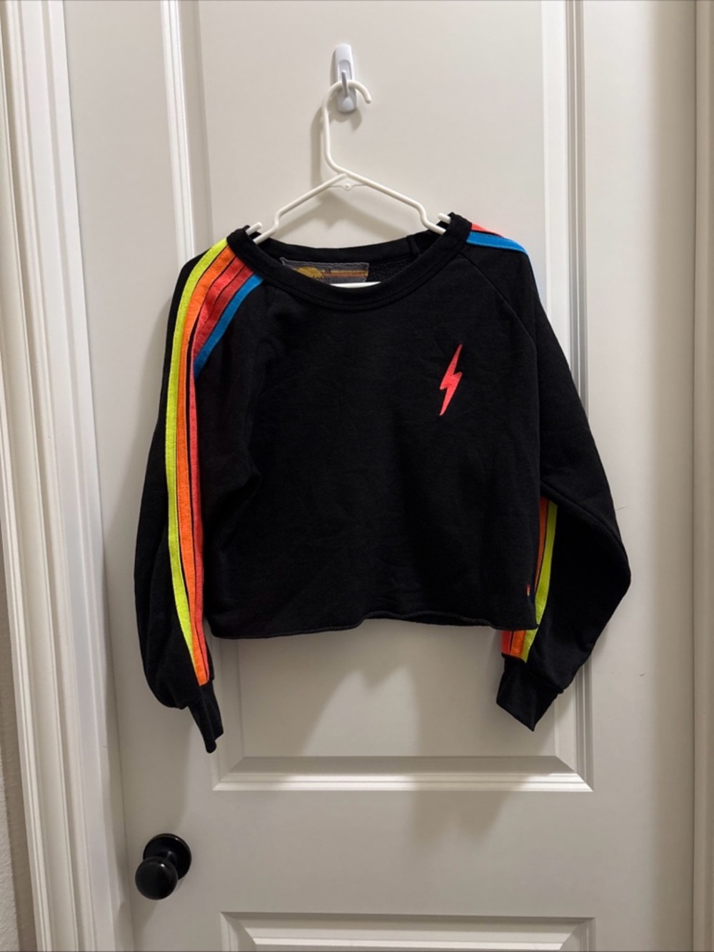 Aviator Nation Black Crop Sweatshirt with Rainbow Shoulder Stripes